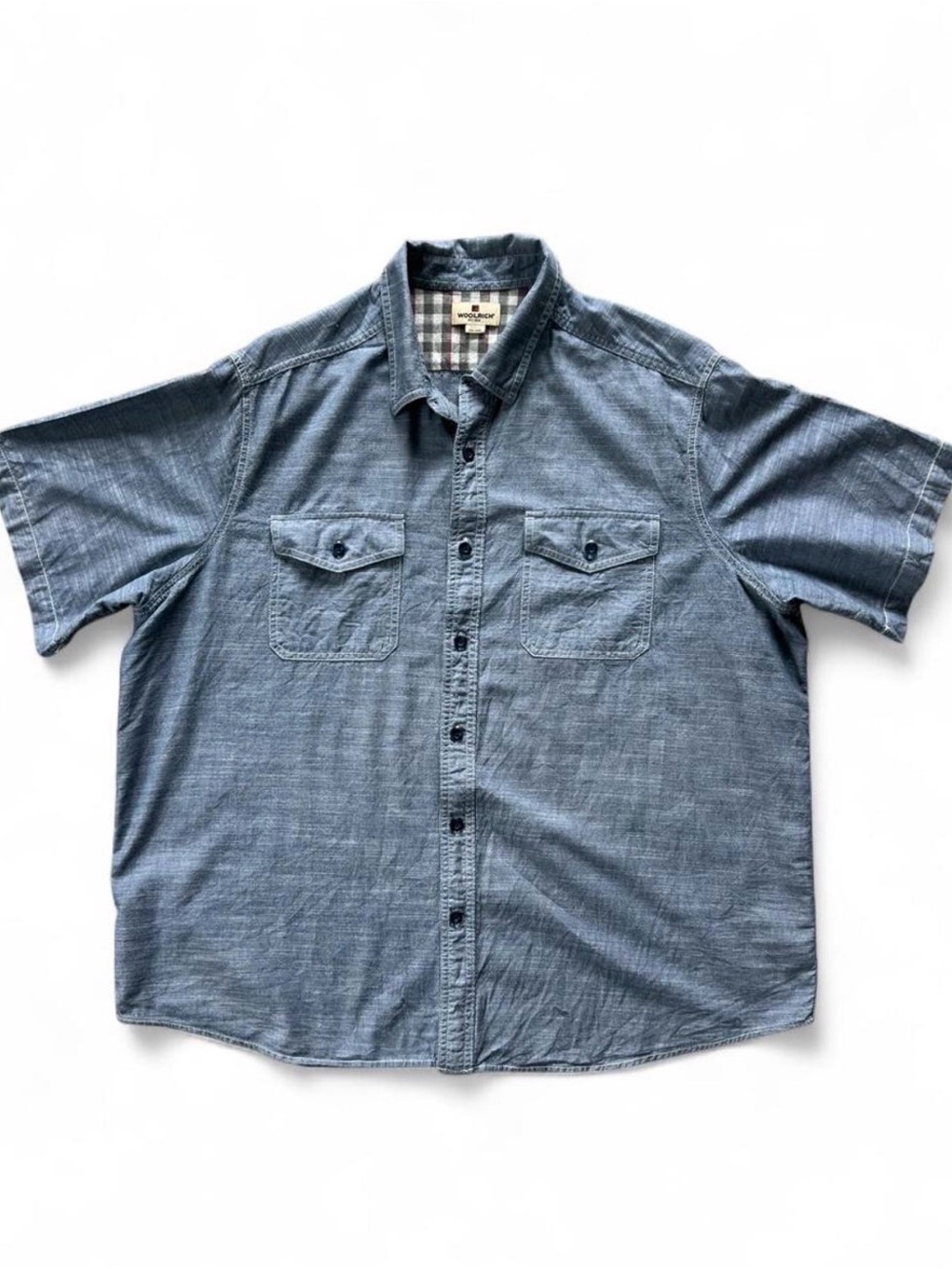 Woolrich Men's XXL Blue Chambray Button Down Shirt Short Sleeve 100% Cotton